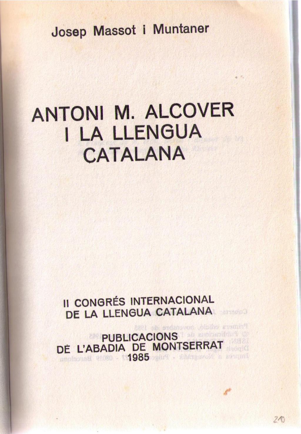 Coberta de Antoni M. Alcover i la llengua catalana